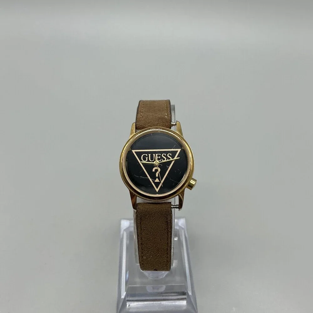 Vintage Guess 1991 Womens Watch 25mm Black Logo Dial Gold Tone New Battery